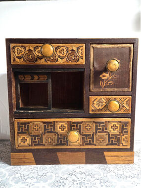 Vintage Japanese Yosegi Marquetry Cabinet Wooden Jewelry Box